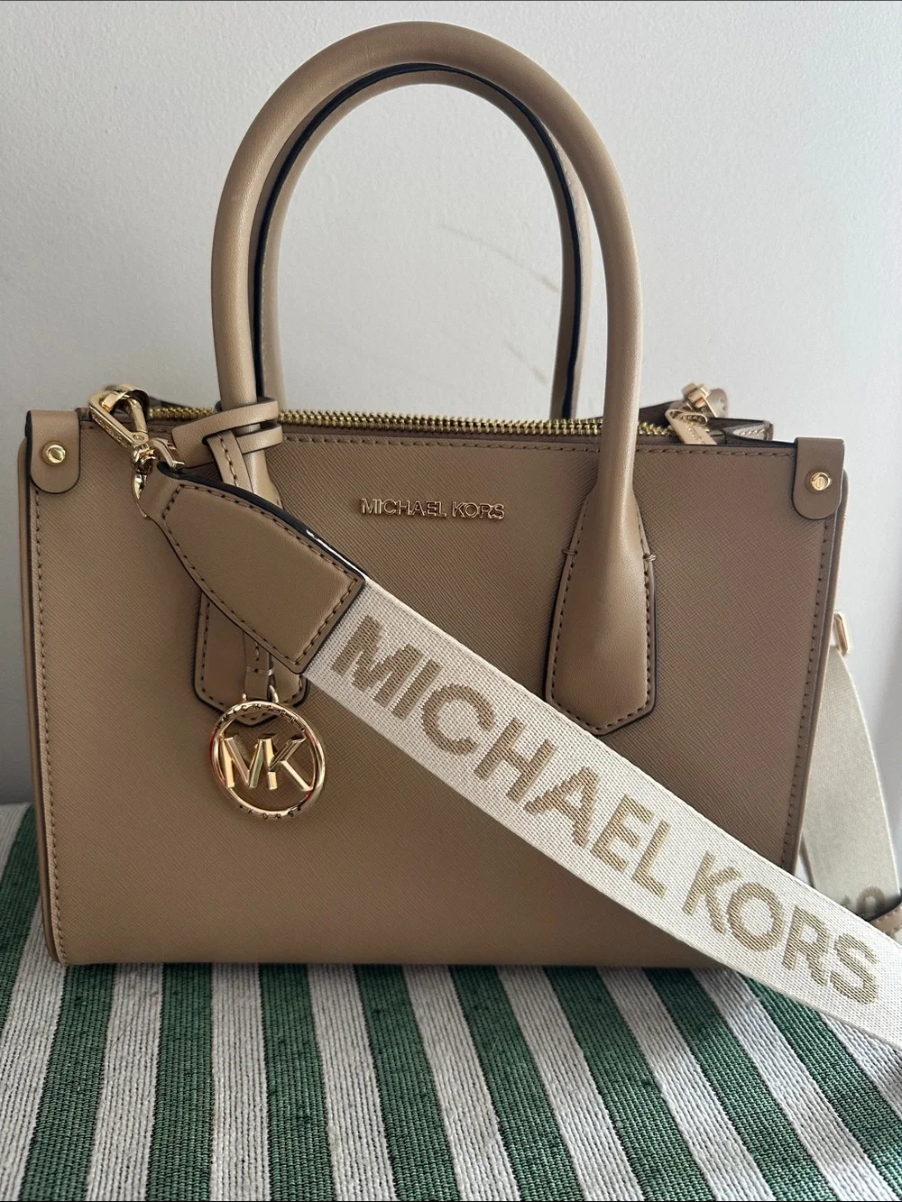 Michael Kors Saffiano Leather Satchel in Beige with Gold Hardware